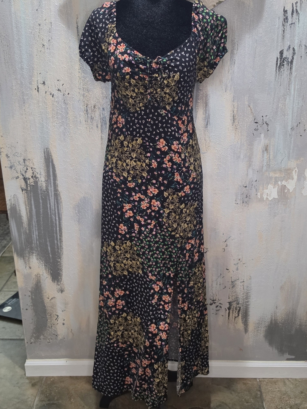 Black Floral Maxi Dress with Pink and Green Accents by 3rd + Malt Size Medium